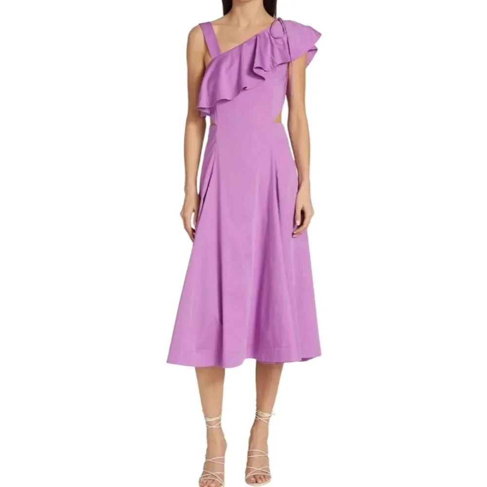 Veronica Beard Spring One Shoulder Ruffle Cutout Maxi Dress in Vivid Orchid Sz 2